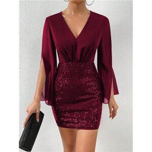 Glamour Contrast Sequin Split Sleeve Bodycon Dress